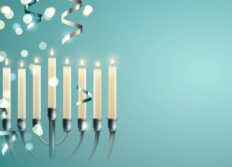 Hanukkah, the Jewish Festival of Lights, festive background with menorah and silver lights. Vector illustration