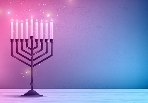 Hanukkah, the Jewish Festival of Lights, festive background with menorah and golden lights. Vector illustration