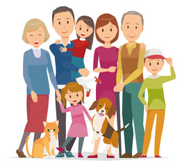Illustration of family - 7 people of 3generation and pet in winter