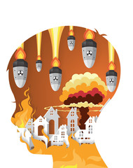 War Destroyed City Village with fire in child head .paper art style