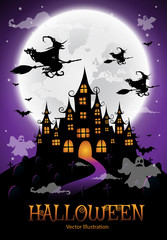 haunted house and full moon with witch and ghost,Halloween night background.Vector illustration.
