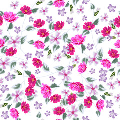 Vintage seamless pattern with cute delicate flowers and fresh sprigs. Hand-drawn floral background for textile, cover, wallpaper, gift packaging, printing.Romantic design for calico.