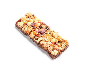 Healthy cereal bar with chocolate on white background