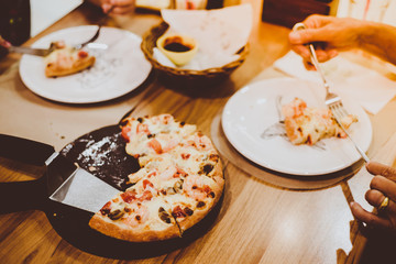 shrimp cocktail,. pizza table.