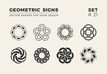 Set of eight minimalistic trendy shapes. Stylish vector logo emblems for Your design. Simple geometric signs collection.