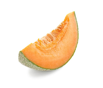 Slice of ripe melon on white background