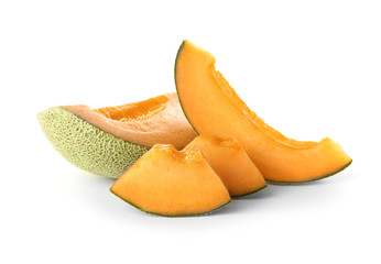 Sliced ripe melon on white background