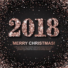 2018 Merry Christmas Poster with rose gold numbers and scattered rose golden shapes on black background. New Year invitation, brochure, banner, cover design. Isolated and layered vector Illustration