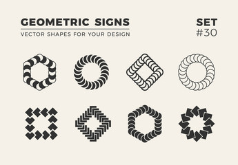 Set of eight minimalistic trendy shapes. Stylish vector logo emblems for Your design. Simple geometric signs collection.