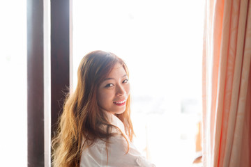 Beautiful Woman Standing Near Window Young Asian Girl Natural Light