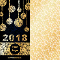 new year's corporate greeting card for the year 2018 (numbers , Christmas balls and place for the logo of the Golden frosty patterns on a dark blue background with Indigo)