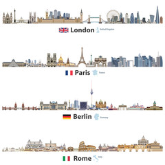 Obraz premium ilustracja wektorowa sylwetki miasta Londyn, Paryż, Berlin i Rzym na białym tle. Flagi i mapy Wielkiej Brytanii (i Anglii), Francji, Niemiec i Włoch