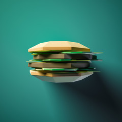 Different food from cardboard  on blue background. Cartoon food product packaging. 3D model render