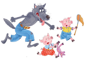 Three little pigs. Fairy tale. Cute pigs and a hungry wolf. Coloring page. Illustration for children. Funny cartoon characters