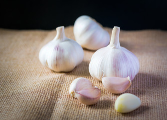 Garlic and Garlic Cloves and bulb on vintage burlap.