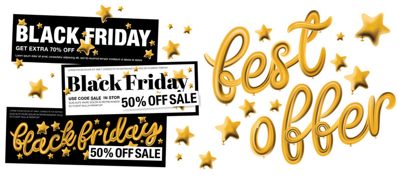 Black Friday 50% off sale. Gold typography, gold stars, elegance design isolated on black background. Sale banners set. Vector illustrations. 