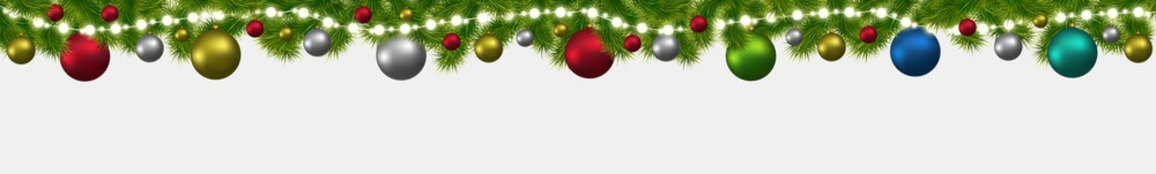 Christmas and New Year banner with fir-trees, garlands and glowing lights. Christmas card, flyer or site header.