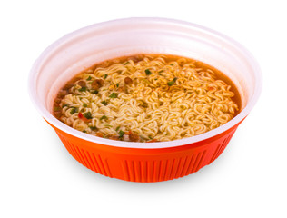 bowl of Chinese noodles with vegetables on white.