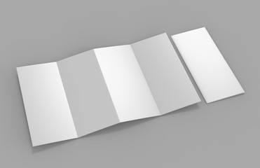 Accordion fold brochure, eight pages four panel leaflet, concertina fold. blank white 3d render illustration.