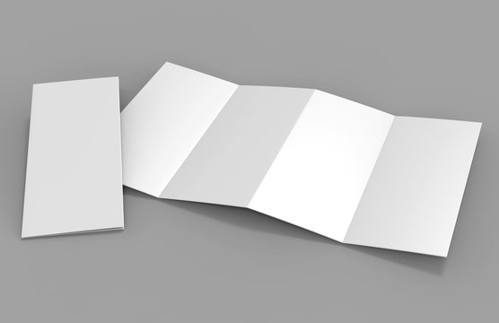 Accordion fold brochure, eight pages four panel leaflet, concertina fold. blank white 3d render illustration.