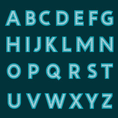 A complete set of cyan letters with a relief surface. The edges of the letters are made with thin wire. Font is isolated by a dark cyan background. Letters are made in 3D shapes. Vector illustration.