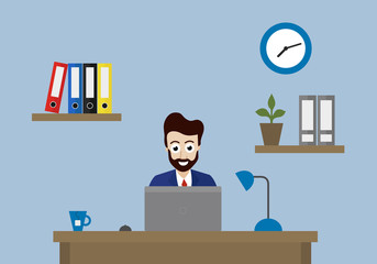 Vector illustration of office with clock, folders and flower on shelf and manager sitting at desk