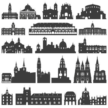 vector collection of isolated palaces, temples, churches, cathedrals, castles, city halls, edifices,  ancient buildings and other architectural monuments silhouettes
