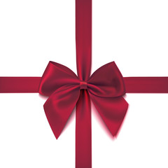 Realistic red bow with ribbon isolated in white background. Decoration for a gift box, greeting cards. Vector illustration.