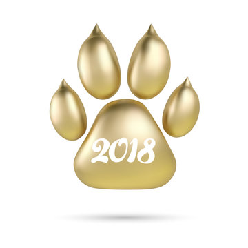 Vector Golden paw print of animal logotype or icon isolated on white background. Dog paw footprint logo. 2018 Year of Dog