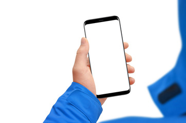 Man in blue jacket holding modern phone in hand with isolated screen