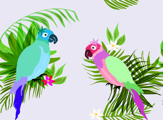Tropical birds with flowers. Seamless pattern