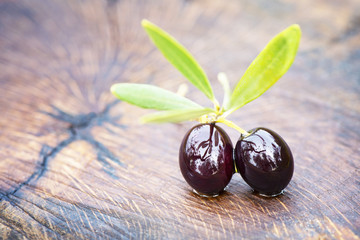 Olives in bowl and rosemary on black background