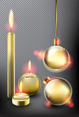 Golden candles and Christmas balls collection. Christmas decoration. Design elements for holiday cards. Isolated with realistic shine and shadow on the dark background. Vector illustration. Eps10.