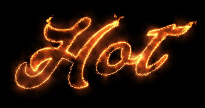 burning hot fire word text with flame and smoke in fire on black background with alpha channel, concept of heat time for do anything