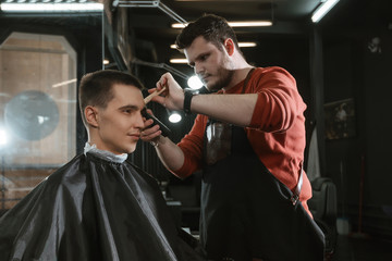 barber at work/ Barber cutting in barbershop. Haircut with a clipper and scissors