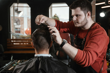 Fototapeta premium man haircut/ Barber cutting in barbershop. Back view