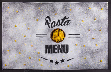 Restaurant menu design for pasta. Poster for pasteria with black board background.  Photo studio shoot. Design concept.