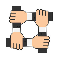 Obraz premium Four hands hold together for the wrist other. Four connected hands. Symbol for togetherness. isolated on white background. Vector illustration.
