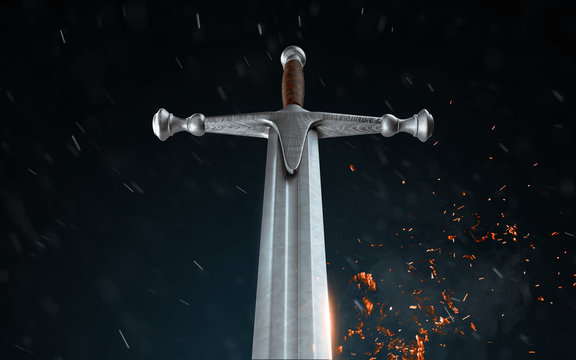 Metal sword on a dark background with snow. 3d render
