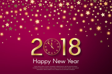 Fototapeta na wymiar Golden New Year 2018 concept on purple blurry starfall background. Vector greeting card illustration with golden numbers and vintage clock