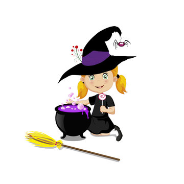 Cute  little witch in halloween costume with boiling cauldron and broom