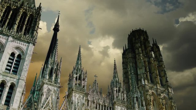 The Cathedrale Notre-Dame de Rouen, Roman Catholic Gothic Cathedral in Rouen, Haute-Normandy, France , time lapse view
