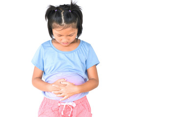 Little girl has stomach ache on white background