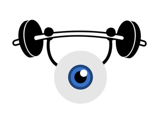 Eyeball is doing weightlifting. Exercise, care and training of eye for better eyesight and vision. Vector illustration, comics style. 