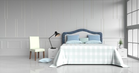 White bed room decorated with tree in glass vase, red pillows, white wood bedside table, table light blue blanket, Chair, Window, White cement wall it is pattern, white cement floor. 3d rendering.