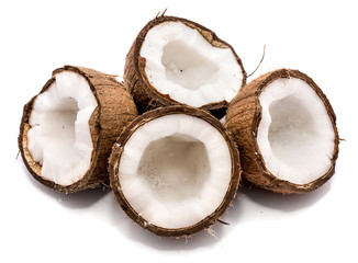Fototapeta na wymiar Four cracked coconut halves isolated on white background
