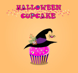 Cute happy halloween cupcake with rose cream, witch hat and monster eyes  on orange background. Vector illustration, clip art.