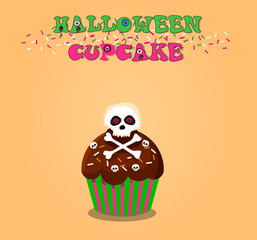 Cute happy halloween cupcake with skull and cross bones on orange background. Vector illustration, clip art.