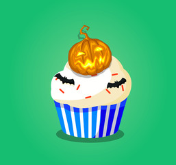 Halloween cupcake with pumpkin jack and bats isolated on green background. Vector illustration, icon, clip art.