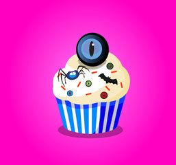 Cute happy halloween cupcake with spider, monster eyes and bat  isolated on purple background. Vector illustration, icon, clip art.